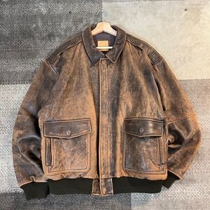 Vintage Crew Distressed Brown Leather Bomber Flight Jacket Mens Size XL